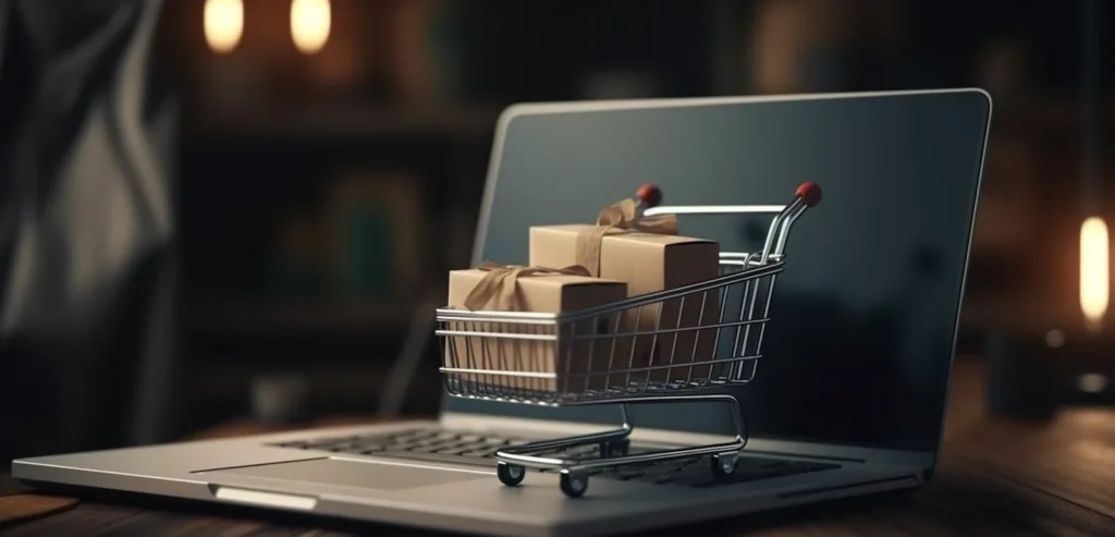 Shopping cart with shopping bags and laptop. Generative Ai